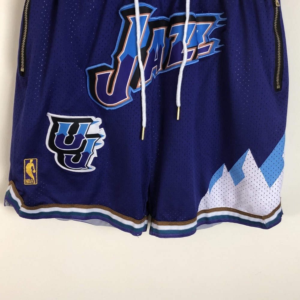 Utah Jazz Just Don 1996-97 Embroidered Print Basketball Shorts Sz S Purple NBA - Picture 9 of 15